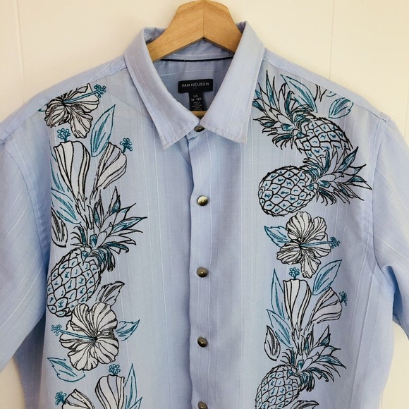 Van Heusen Air Hawaiian Men's Sz Large 16 - 16 1/2 Tropical Pineapple Button Up - Picture 2 of 8